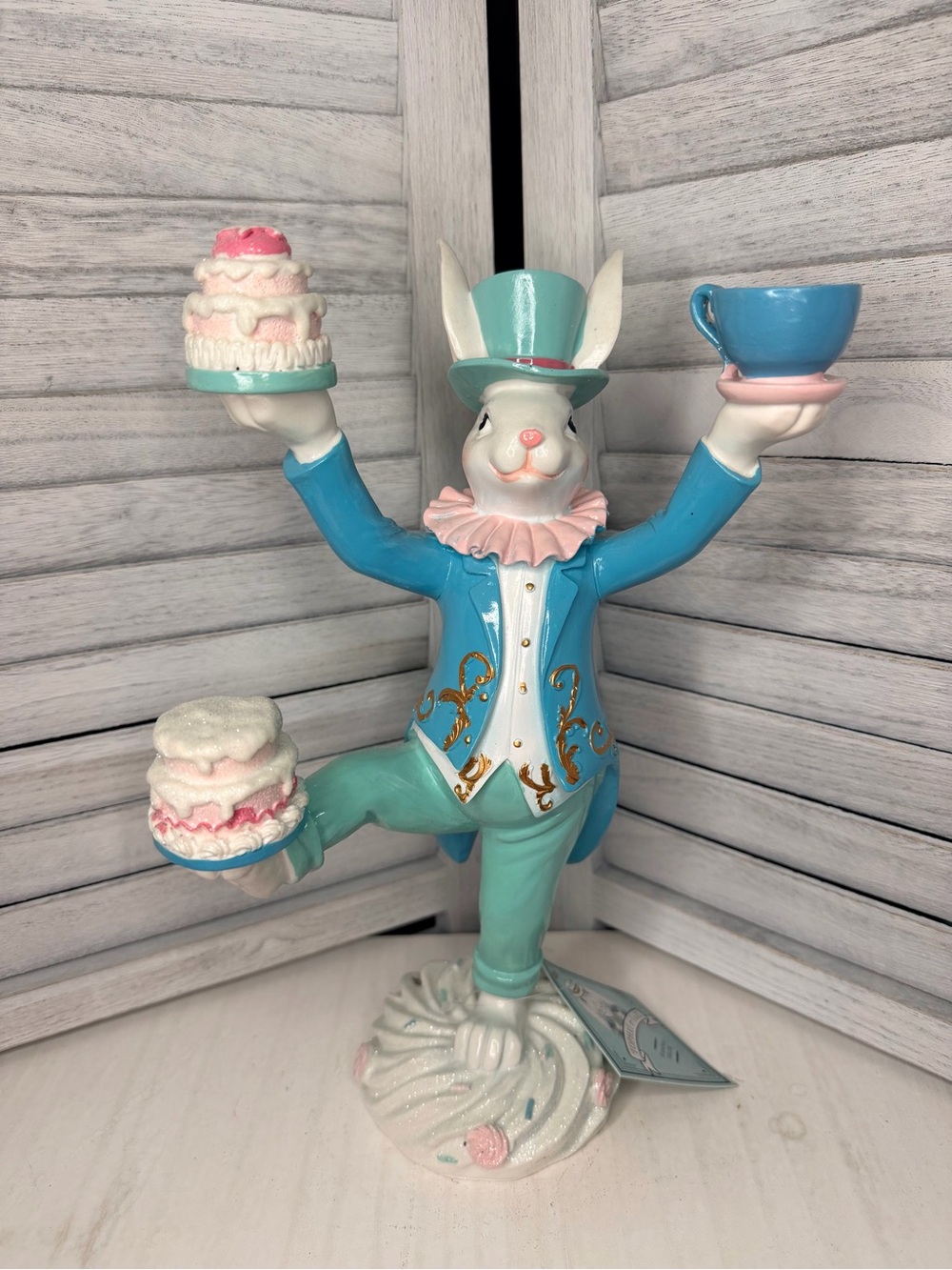 Tophat & Tail Easter Bunny Rabbit Mad Hatter Balancing Teacup And Cakes 12.5"NEW